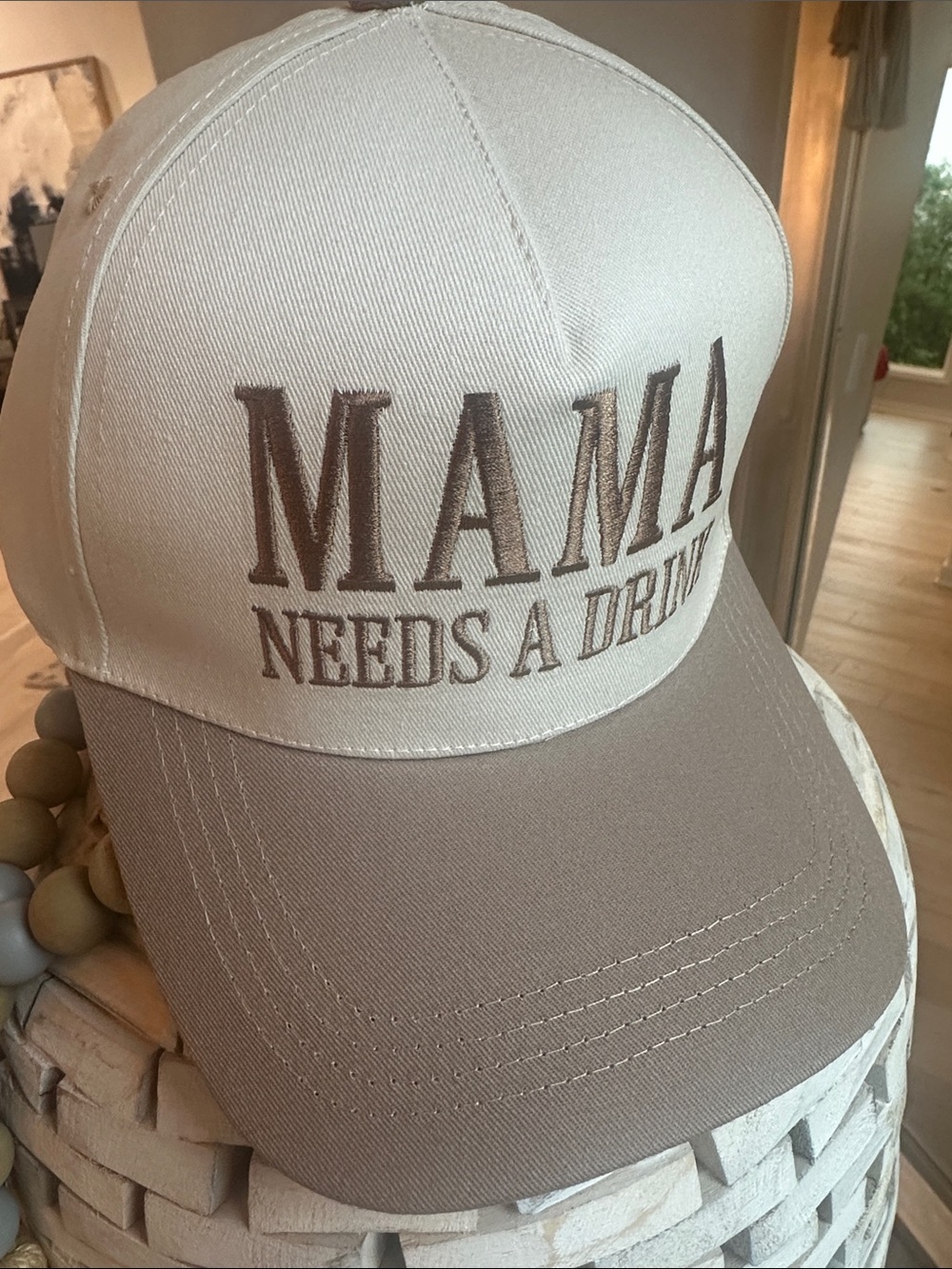 Mama Needs a Drink Embroidered Trucker Hat - Taupe & Cream